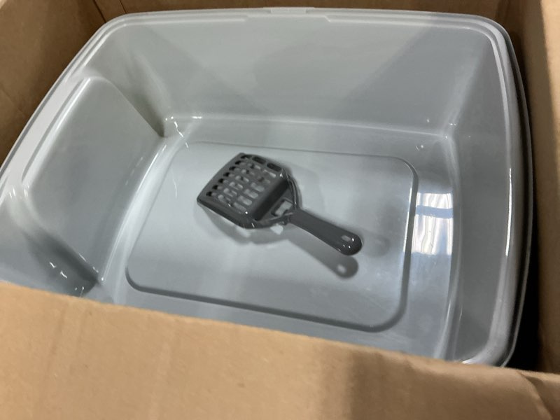 Condition photo showing New/Like New for iris usa cat litter box large open top with high sided walls tall scatter shield scoop included easy clean plastic pan stain resistant for big cats kittens indoor multi-cat households gray open top