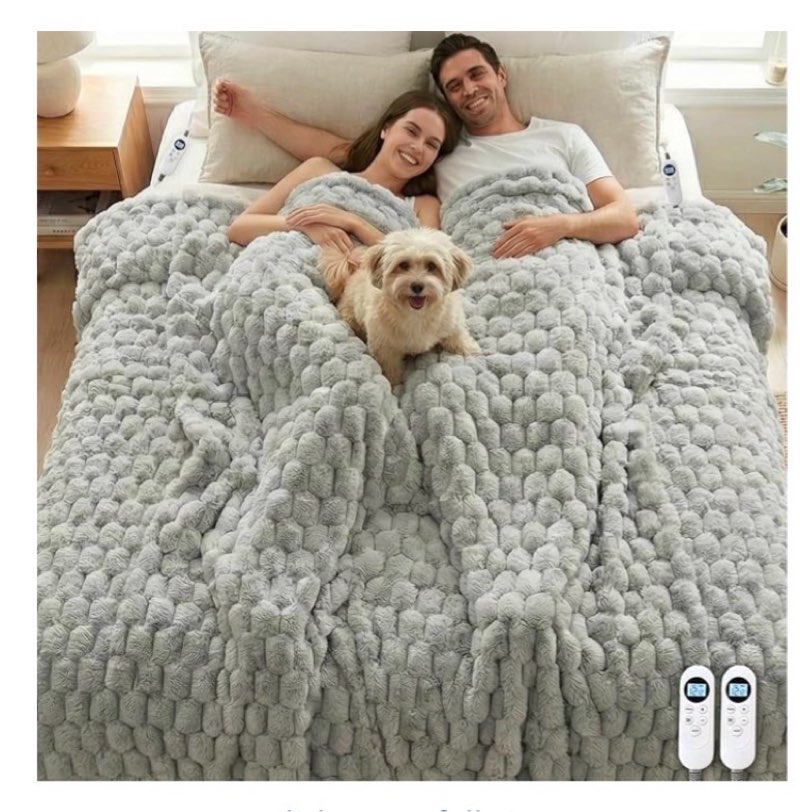heated blanket electric blanket heating, dual control soft ribbed faux fur electric blanket with 12 heat levels 12h timer etl fcc certified machine washable (gray, king size - 90" x 100")