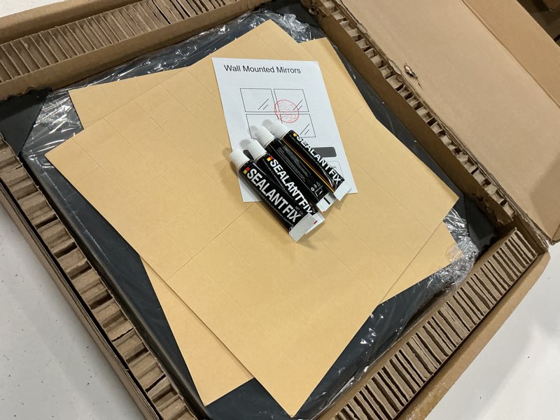 Condition photo showing Good Condition for delma home gym mirrors, 12'' x 12'' glass mirror tiles (16 pcs), square large wall mirror for home gym, bedroom, door,bathroom, frameless mirror sets frameless 12" x 12" (16 pcs)