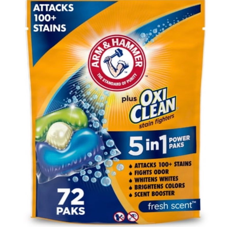 arm & hammer plus oxiclean stain fighters: 5-in-1 laundry detergent power paks  fresh scent  72 count