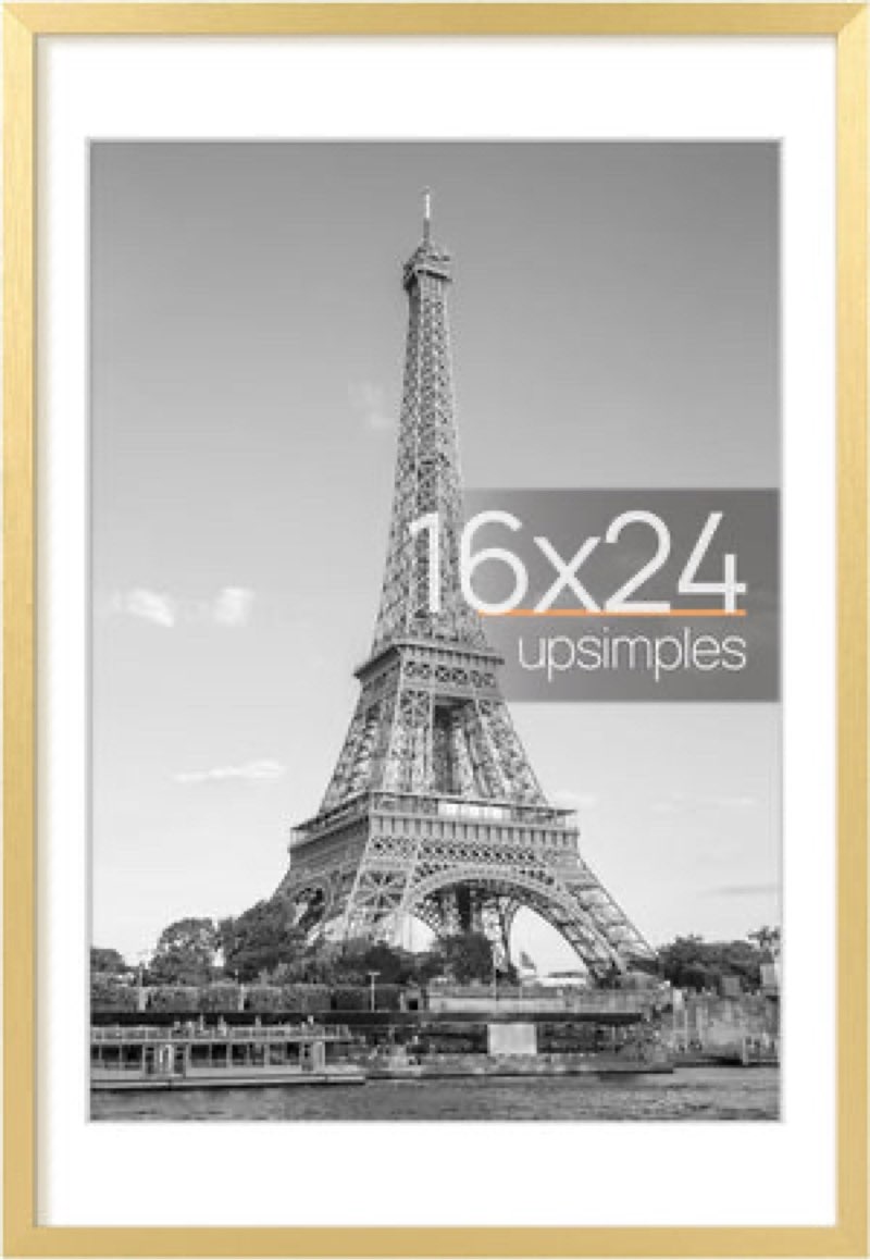picture frame, display pictures 14x20 with mat or 16x24 without mat, wall hanging poster frame, gold, 1 pack