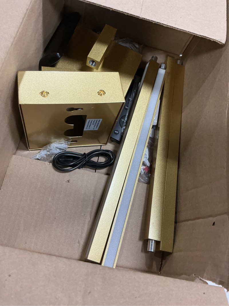 Condition photo showing As Is for Wireless Battery Operated Wall Sconces Set of Two, Dimmable Modern Wall Sconce with Remote Control, 360°Rotation & Timer & Memory, Gold Led Rechargeable Wall Lights for Living Room, 28.3 Inch Gold 28.3 inch (2 Pack)