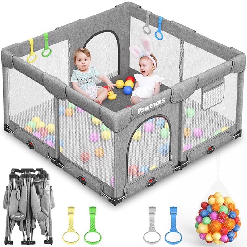 foldable playpen for babies and toddlers: 50" l x 50" w x 27" h, large kids play yard with mat, portable indoor play area, baby gate with 50pcs ocean ball, 4 handles