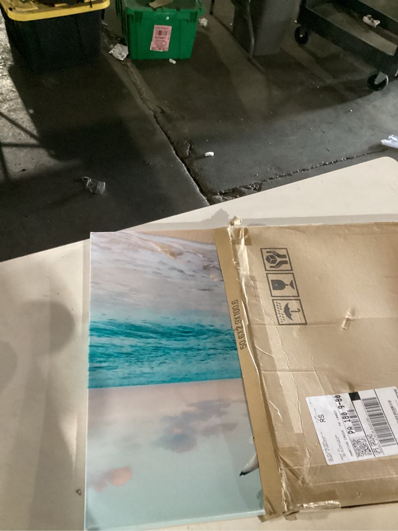 Condition photo showing Good Condition for beach wall art decor for living room ocean canvas picture for wall gold sunset painting for bedroom blue seascape theme art print for bathroom home office decoration ready to hang(20"×40") gold beach wall art 40"l x 20"w