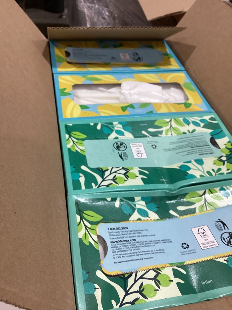 Condition photo showing As Is for kleenex lotion facial tissues with coconut oil, 8 flat boxes, 180 tissues per box, 3-ply
