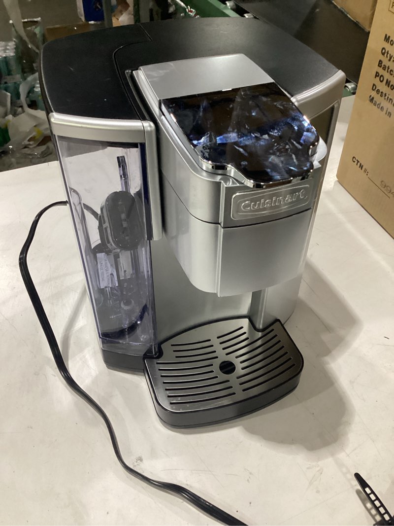 Condition photo showing As Is for **untested** cuisinart coffee maker, single serve 72-ounce reservoir pod coffee machine, programmable brewing & hot water dispenser, 3 cup-size settings, stainless steel, ss-10p1, silver