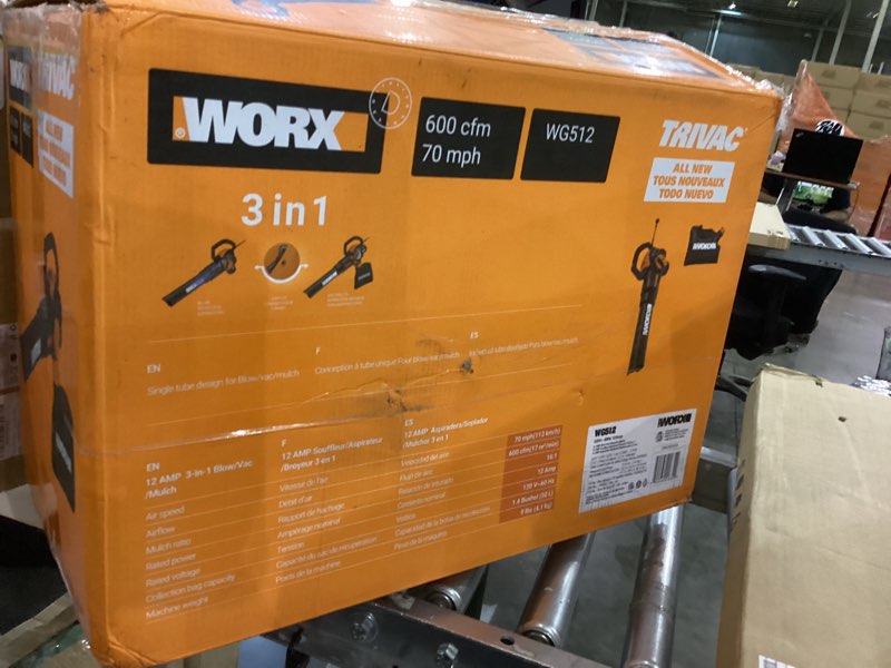 Condition photo showing As Is for WORX 12 Amp Trivac 3-in-1 Electric Leaf Blower/Mulcher/Yard Vacuum - WG512