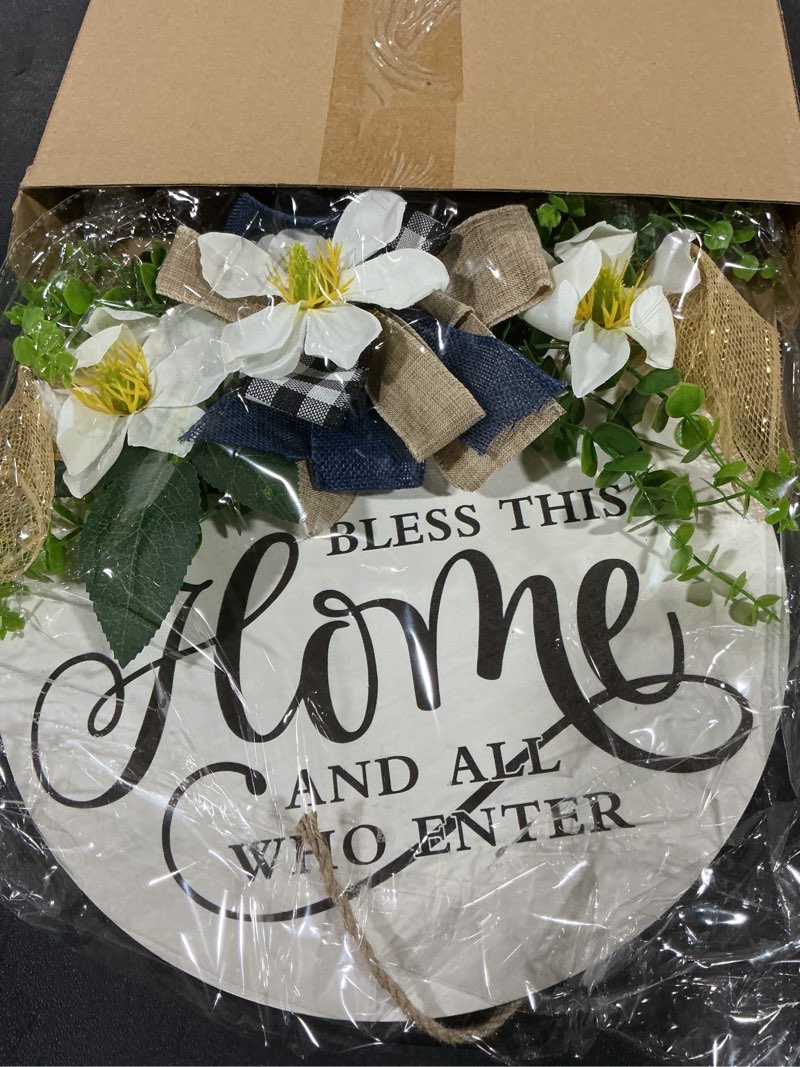 Condition photo showing New/Like New for Kathfly Welcome Sign for Front Door Bless This Home and All Who Enter Sign 12 Inch Christian Jesus Round Rustic Wood Wreath Wall Hanging Decor Gift for Christian Jesus Home Spring Summer Porch Magnolia