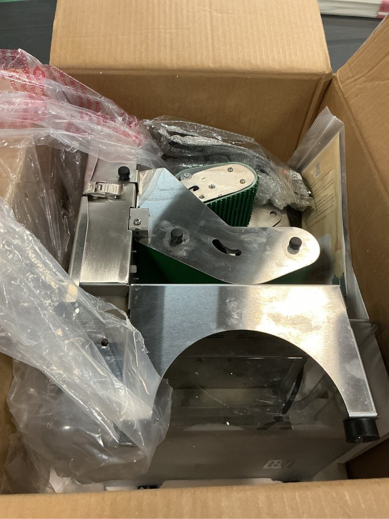Condition photo showing As Is for Newhai 200W Commercial Vegetable Slicer Machine Electric Automatic Veggie Fruit Cutter 400lb/h with Conveyor Belt 1-35mm Thickness Adjustable for Cucumber Scallion Green Bean Banana 110volt