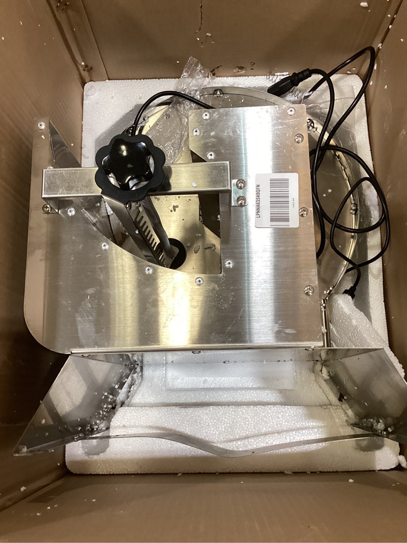 Condition photo showing As Is for vevor electric vegetable slicer, 0-0.5"/0-12mm thickness adjustable commercial slicer machine, convertible to manual, stainless steel food cutter slicing machine, large feed port for potato, tomato electric-13in