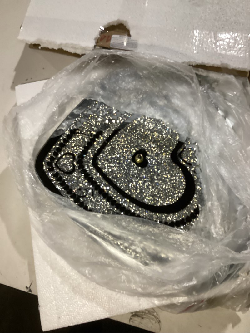 Condition photo showing As Is for Crystal Wall Clocks for Living Room Decor Heart Shape Silver Diamond Mirrored Wall Clock with Sparkle Twinkle Bling Crushed Diamond for Wall Decoration
