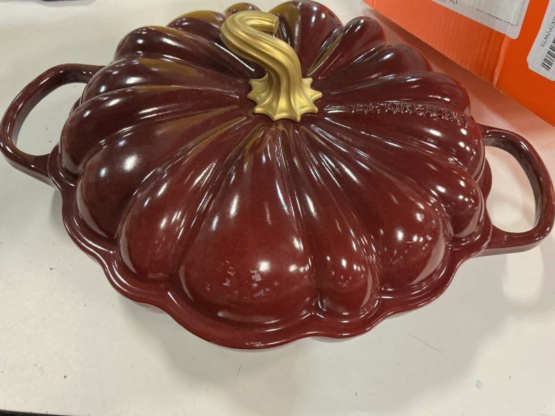 Condition photo showing Good Condition for le creuset enameled cast iron figural pumpkin braiser, 2.75 qt., garnet
