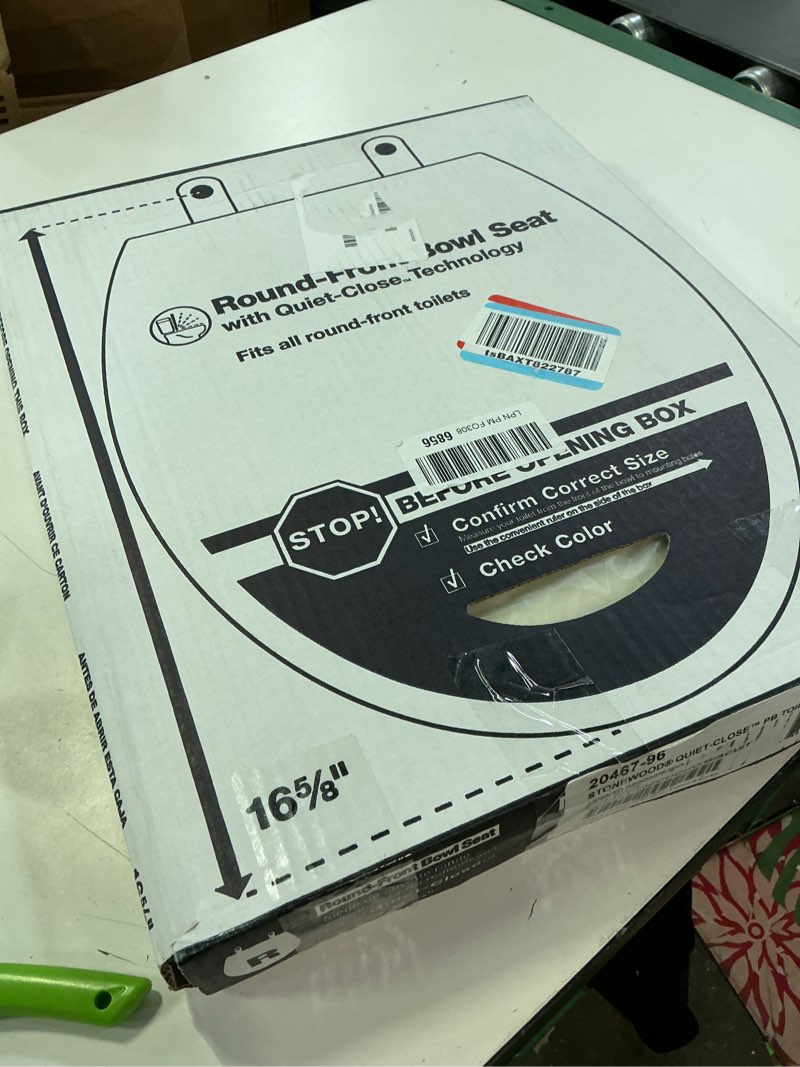 Condition photo showing New/Like New for kohler stonewood quiet-close, round toilet seat soft close, durable wood, easy installation, universal fit, home essentials, biscuit finish, k-20467-96 biscuit round double-hinge