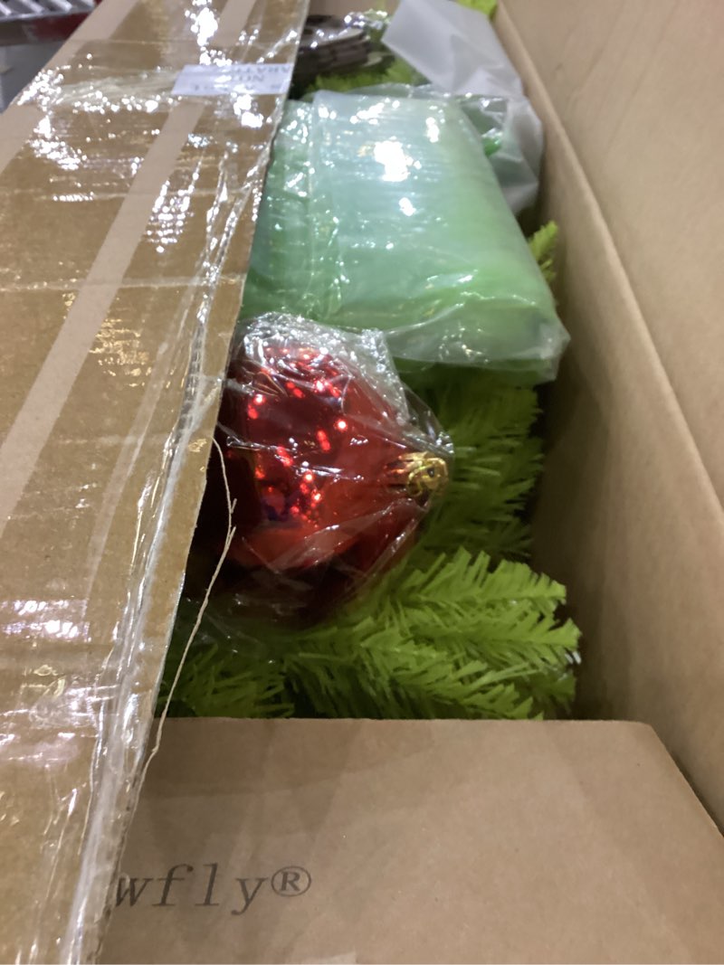 Condition photo showing Good Condition for 5 ft Pre-lit Whimsical Christmas Tree Set with Red and Green Ornament, String Lights, Lime Green Furry Skirt, Star Tree Topper for Xmas Holiday Indoor Outdoor Home Porch Yard Decor(5 ft)