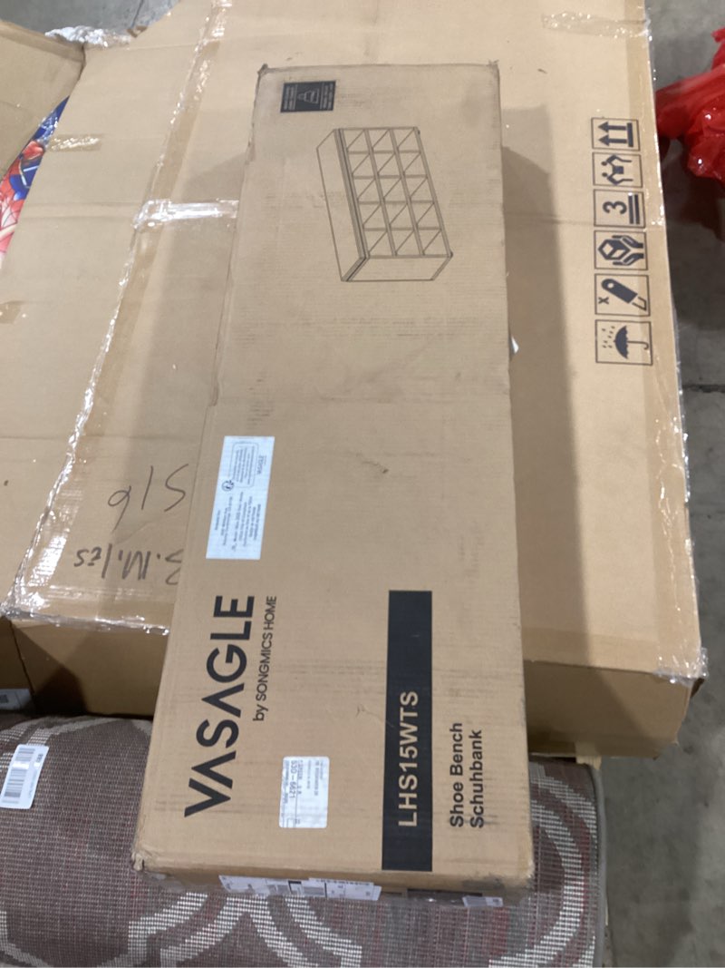 Condition photo showing As Is for VASAGLE CUSTOS Collection - Shoe Bench, Storage Bench with Padded Seat, Entryway Bench with 15 Compartments, for Bedroom, 11.8 x 41.3 x 18.9 Inches, Cloud White and Dove Gray ULHS15WT 15 cubbies Cloud White + Dove Gray