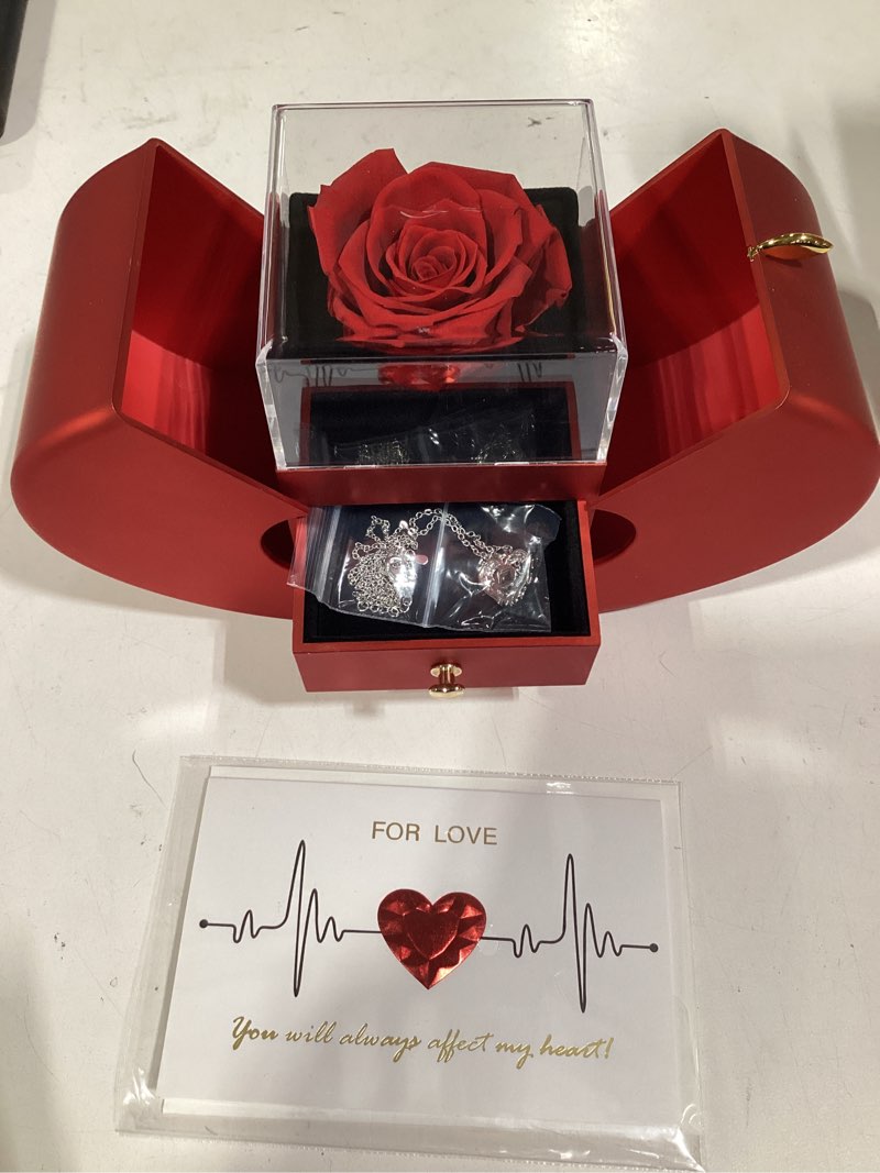 Condition photo showing Good Condition for mother’s day gifts for mom eternal rose gift box with necklace for women, preserved forever rose jewelry box, romantic valentines day christmas mothers day anniversary birthday gifts for girlfriend wife mom red
