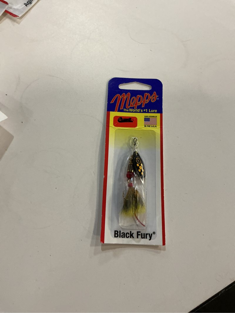 Condition photo showing New/Like New for mepps black fury dressed treble spinner fishing lure  yellow  1/8 oz