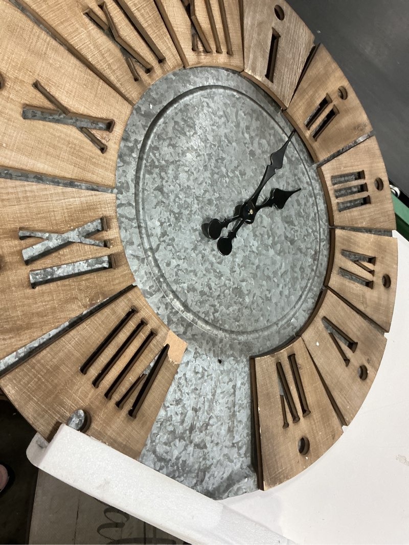 Condition photo showing As Is for Signature Design by Ashley Payson Farmhouse Wall Clock, 30 x 30 Inches, Natural Wood Finish