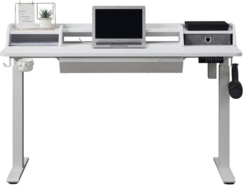  (Incomplete desk top on Y) kowo 55\" K304 Electric Height Adjustable Standing Desk with Hutch and Drawer, White