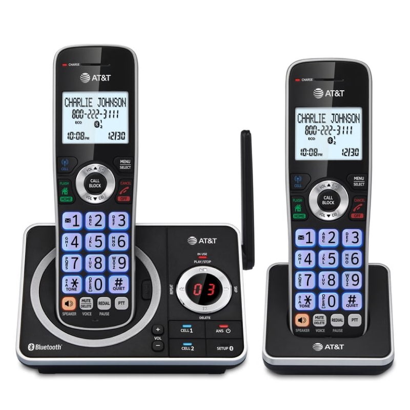 at&t 2-handset expandable cordless phone with unsurpassed range, bluetooth connect to cell, smart call blocker and answering system, dlp72212 (black)