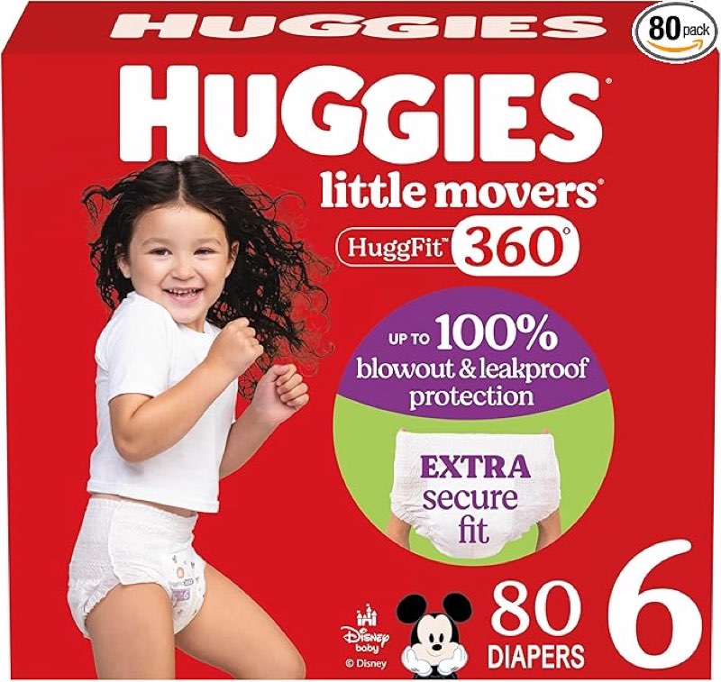 Huggies Size 6 Baby Diapers, Little Movers HuggFit 360° Baby Diapers with 360° Waistband, Size 6 (35+ lbs), 80 Count, Packaging May Vary