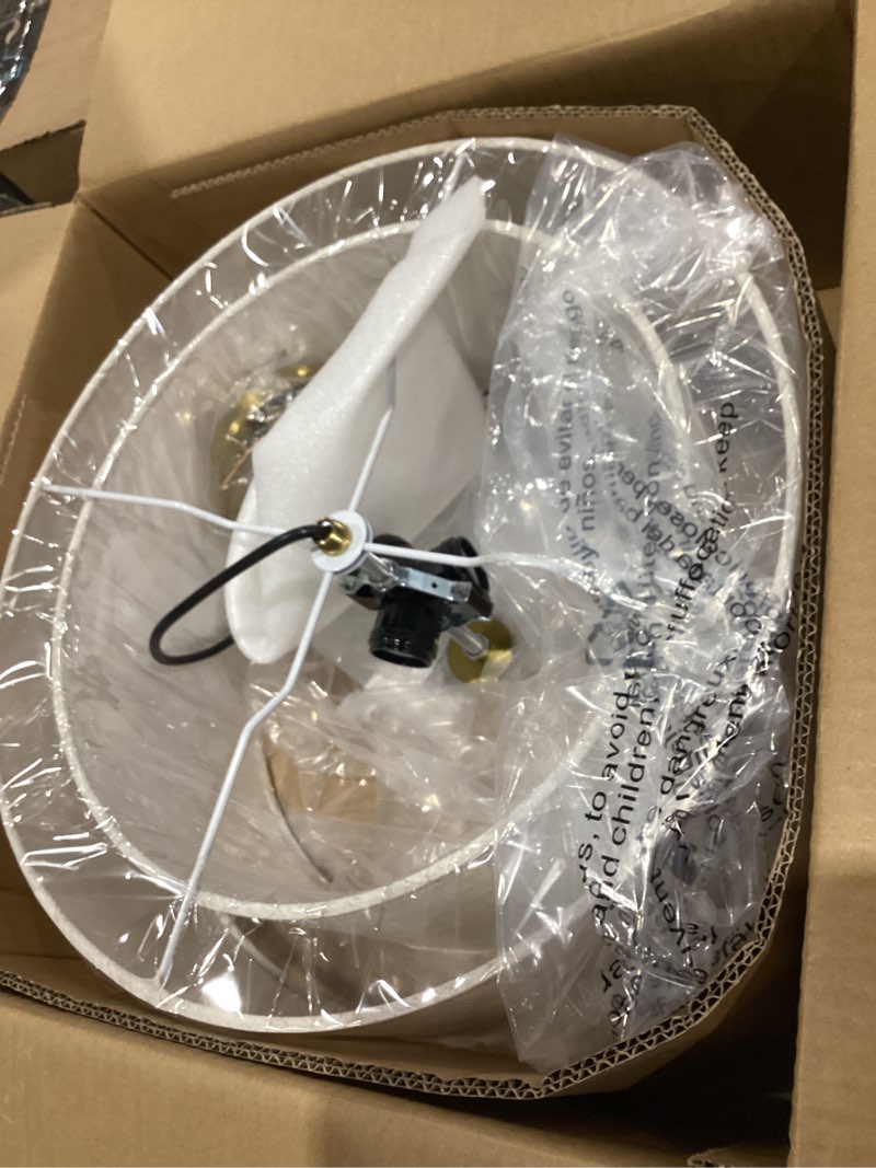 Condition photo showing Good Condition for calokes 16" double drum gold 3-light semi flush mount ceiling light, classic fabric linen shade design for living room, bedroom, kitchen, dining room, hallway and entryway