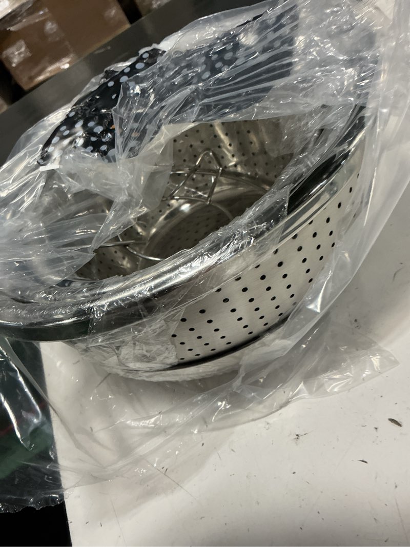 Condition photo showing Good Condition for palksky stainless steel colander set with self-draining base, 3 sizes colanders & food strainers for pasta, rice, fruits & veggies, metal colander with draining plate for sink or countertop 3 sizes stainless steel colander set with self-draining base plate