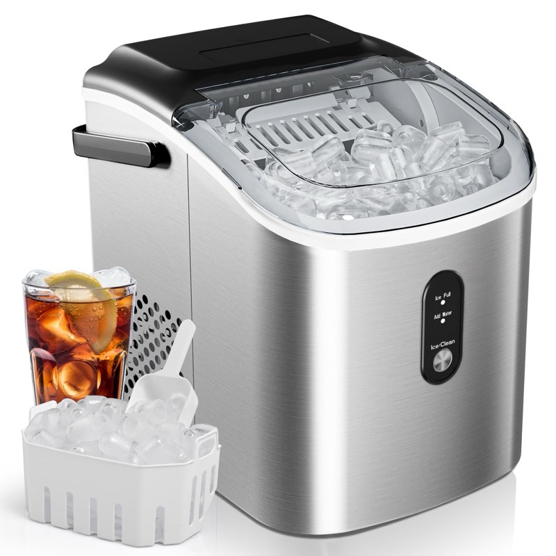 EUHOMY Ice Maker Countertop, Portable Ice Machine with Carry Handle, 26.5lbs Per Day, 9 Cubes in 6 Mins, Auto-Cleaning, with Basket and Scoop, for Home, Kitchen, Camping, RV (Silver