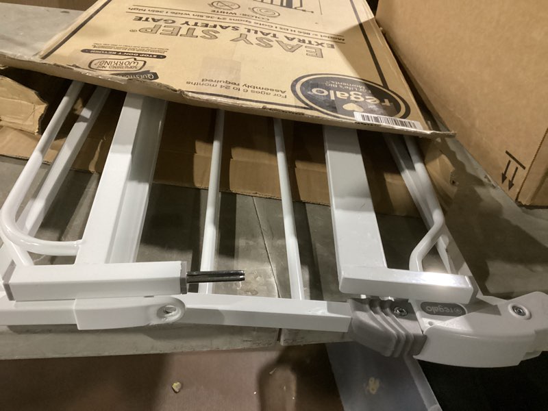 Condition photo showing As Is for regalo safety 36" extra tall baby gate for doorways & bottom of stairs, pressure mount, toddlers & pets, 6-24 months, tested & safe for 30 years, american designed, american owned white 29-36.5"w x 36"h