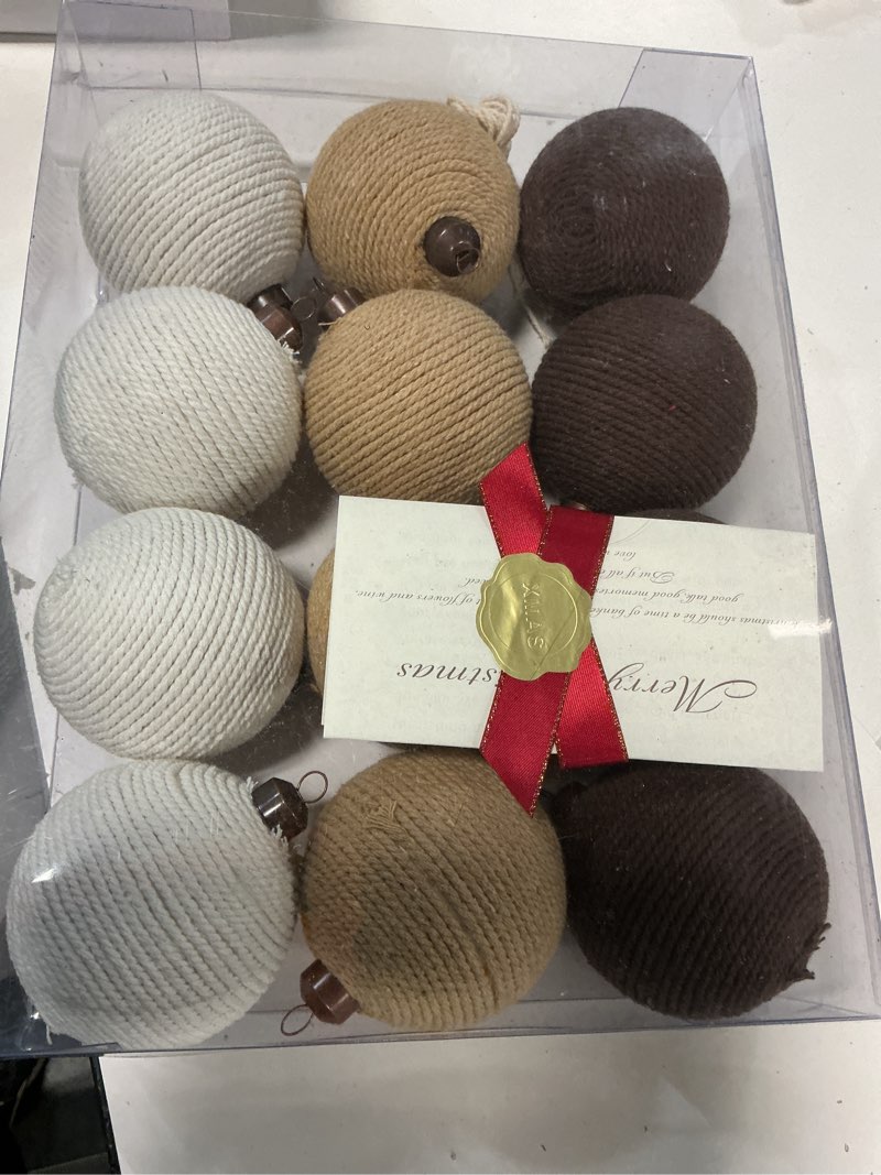 Condition photo showing Good Condition for 12PCS Rustic Burlap Christmas Ornaments, 3.15" Handmade Jute Rope Balls, Farmhouse Christmas Tree Decorations, Boho Natural Hanging Ornaments for Holiday, Party & Home Décor (Multicolor) Multi Color