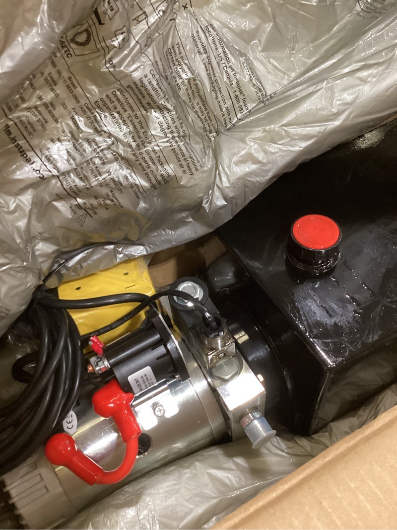 Condition photo showing As Is for nakkaa 12v dc hydraulic power device 10 quart single acting hydraulic dump trailer pump for lifting and lowering dump trailer trucks