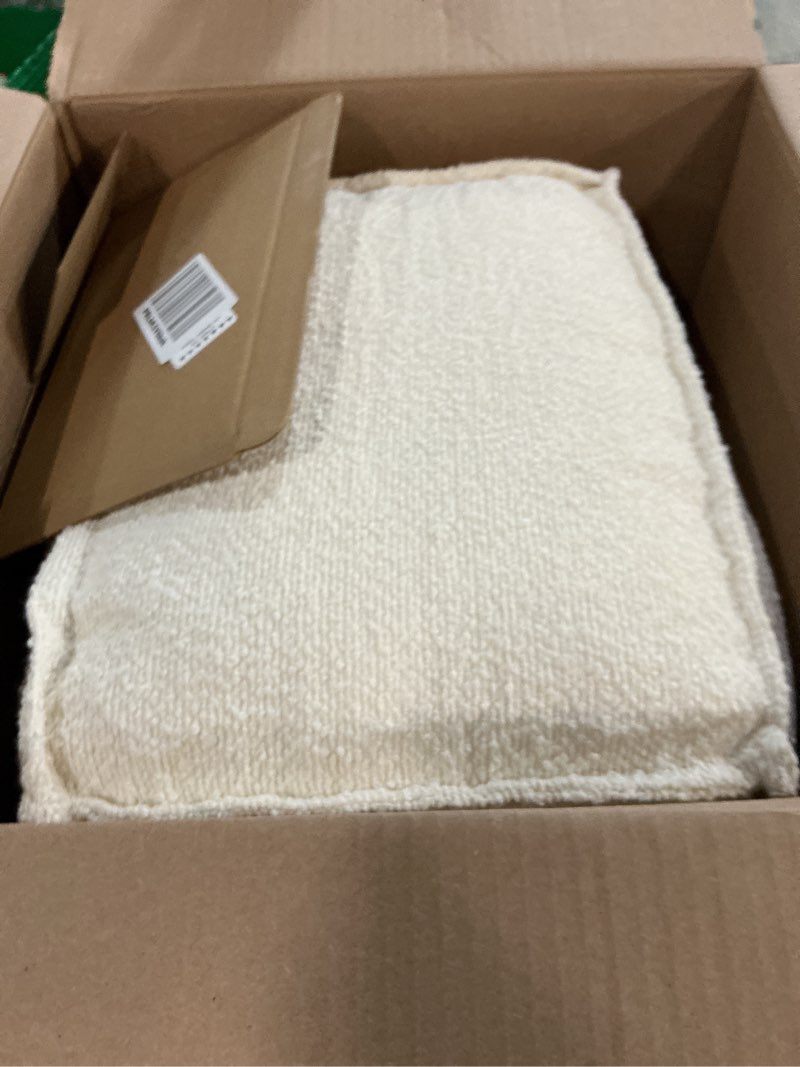 Condition photo showing As Is for ZICOTO Beautiful Boucle Pouf Ottoman and Foot Rest - Elevate Your Living Room Decor with Lightweight Comfort and Charm - A Round Modern Foam Filled Foot Stool Perfect to Rest Your Feet Beige