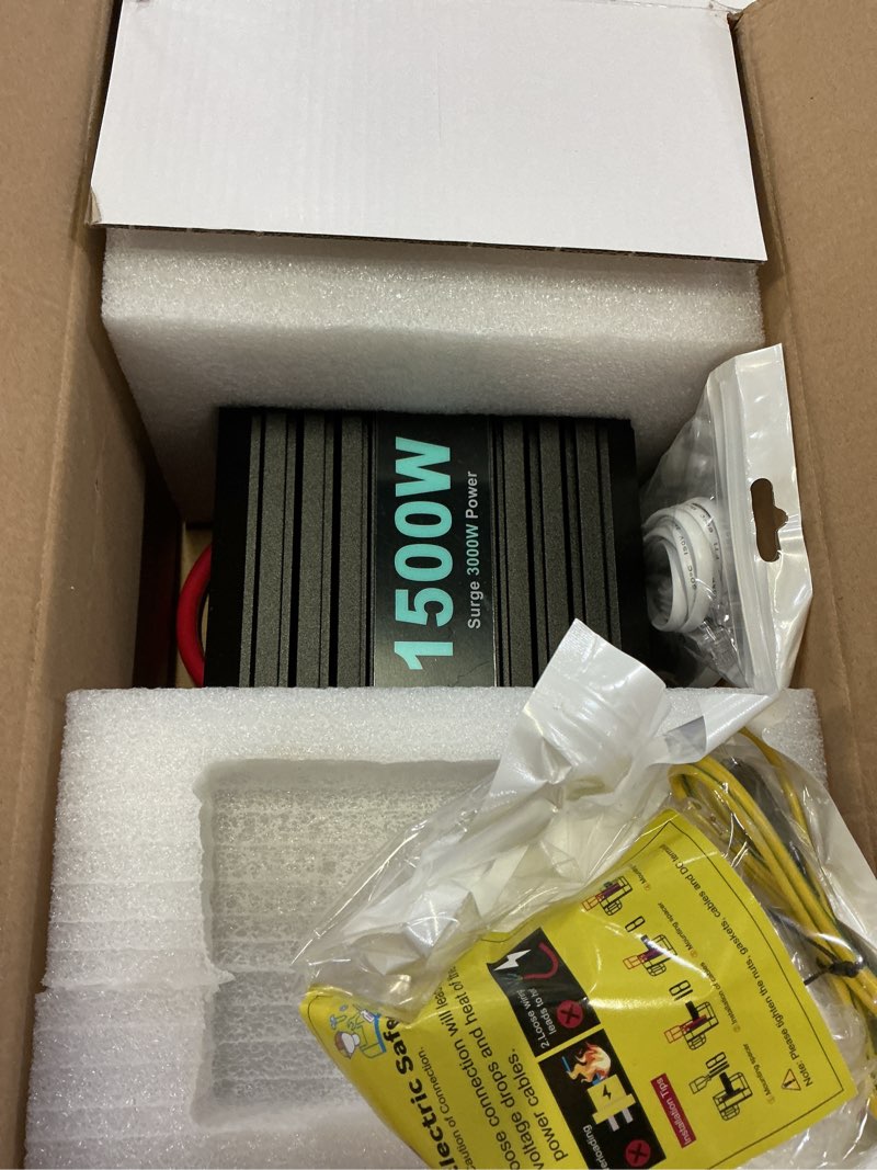 Condition photo showing Good Condition for 1500 watt pure sine wave inverter, 12v dc to 120v ac inverters for car, rv, truck, home, camping, solar power inverter with 3 ac outlet, 30w usb-c, 5v 3.1a usb, remote control, surge 3000w black+blue 12v-1500w pure sine wave inverter