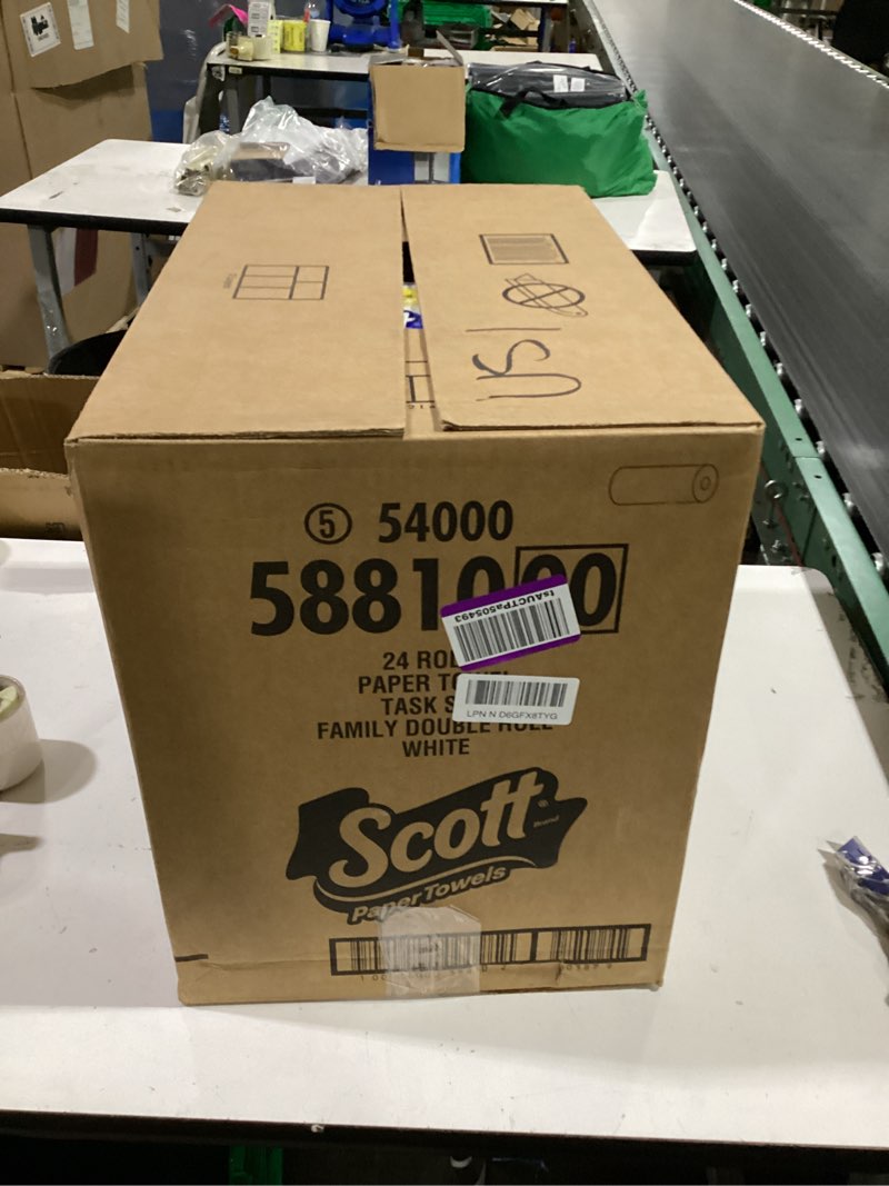 Condition photo showing Good Condition for scott paper towels, task size, 24 family double rolls, 119 sheets per roll family double roll 119 sheets (pack of 24)
