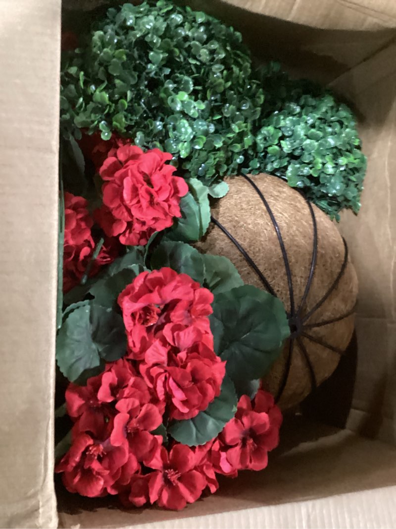 Condition photo showing As Is for hananona 2 set artificial red geraniums flowers for outdoors with hanging baskets, 2 hanging planters with 12 pcs red geranium flowers for christmas front porch garden patio home decor (2, red) red 2