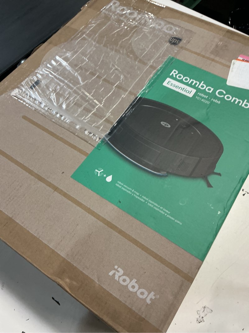 Condition photo showing As Is for irobot roomba robot vacuum and mop combo (y0140) - vacuums & mops, easy to use, power-lifting suction, multi-surface floors, smart navigation, cleans in neat rows, self-charging, bagless, space-saving roomba y0140
