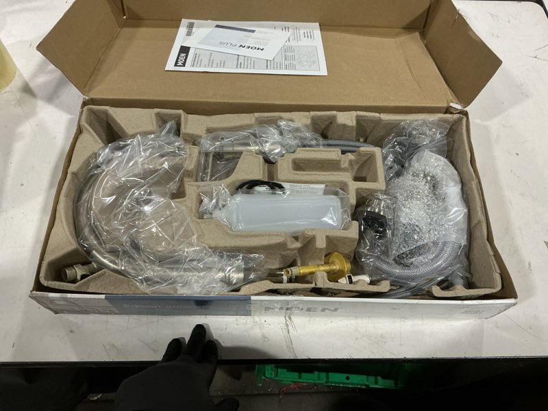 Condition photo showing As Is for moen edison spot resist stainless one-handle high arc 4-hole kitchen faucet with side sprayer and soap dispenser, 87042srs