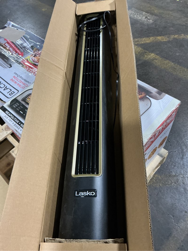 Condition photo showing As Is for LASKO Pinnacle 40” Tower Fans for Home, 32 ft/s Airflow, Quiet 24dB, 90° Oscillation, Standing Fan for Bedroom with 24 Hour Timer, DC Motor, Air Filter for Hair & Dust, Night Light, Remote, DST100