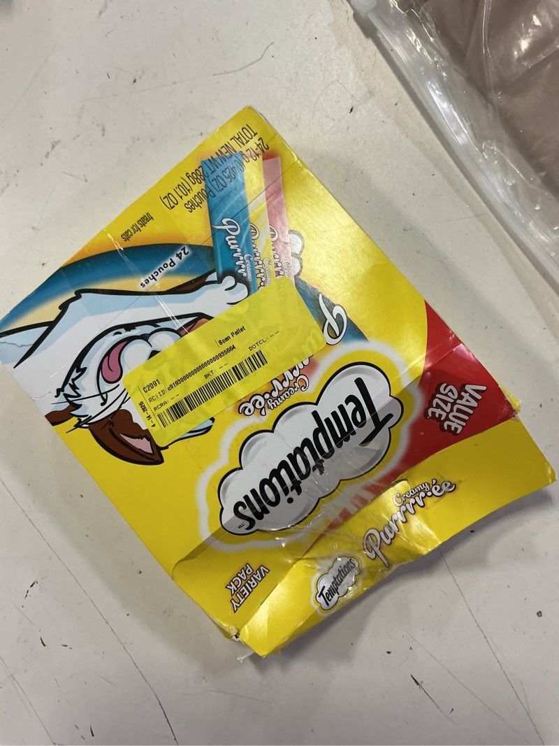 Condition photo showing As Is for temptations creamy purrrr-ee chicken, salmon and tuna lickable squeezable cat treats variety pack - 24ct/10.1oz
