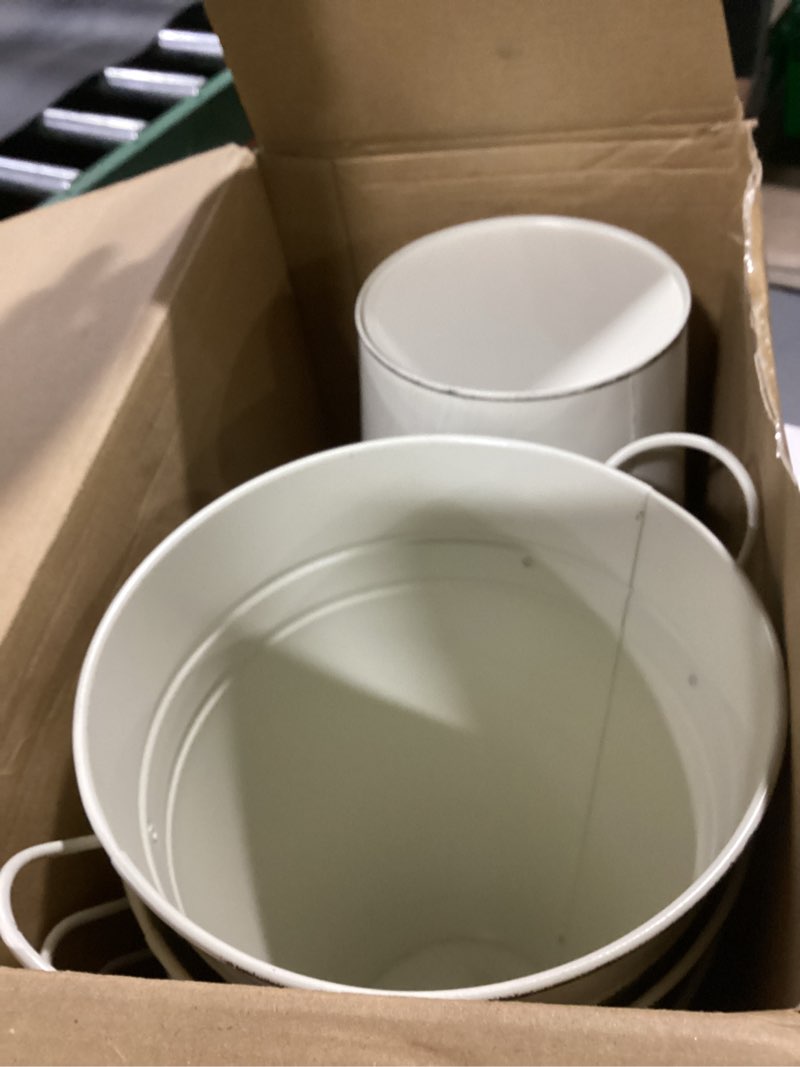 Condition photo showing As Is for irenare 12 inch vintage galvanized flower bucket metal flower vase farmhouse french bucket planter metal floral container for party table centerpiece weddings home(white,6 pcs)
