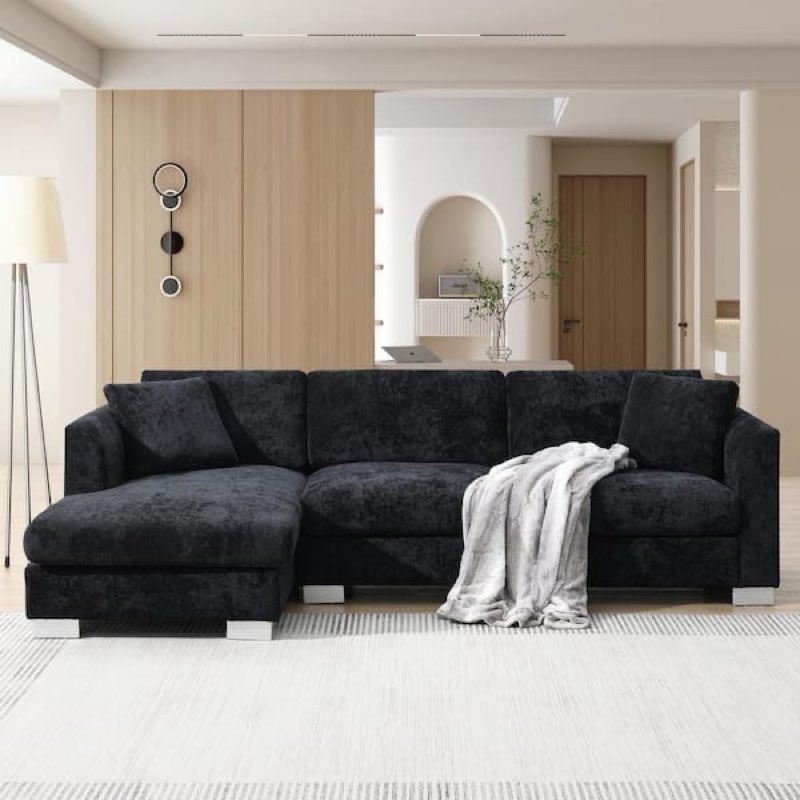 L Shaped Chenille Modern Cloud Sectional Sofa in Black (incomplete)