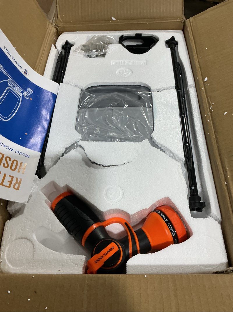 Condition photo showing Good Condition for Giraffe Tools Heavy Duty Retractable Hose Reel, 130FT 1/2 Inch Automatic Rewind Garden Hose Reel with Flexible Swivel Base, Ground Mount for Lawn, Patio, and Concrete Floor 130 FT 1/2 Inch