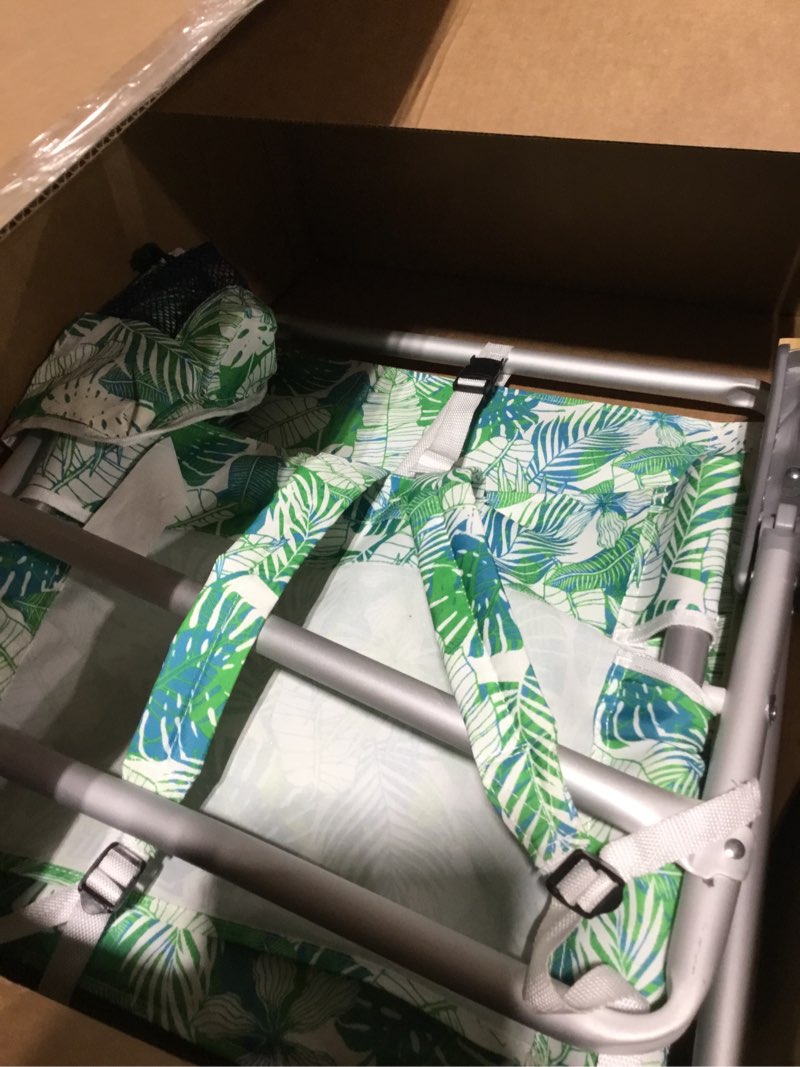 Condition photo showing As Is for Tommy Bahama 5-Position Classic Lay Flat Backpack Beach Chair with Cooler and Cup Holder, Portable Folding Beach Chair for Tanning, Tropical Leaves Tropical Leaves - No Pillow - 1 Pack