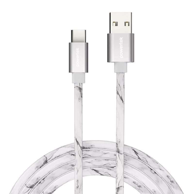Powertek Marble 6ft USB-A to USB-C Cable, White/Silver, Silicone Marble Print Design, Fast Charging Cable, Steady Data Transfer