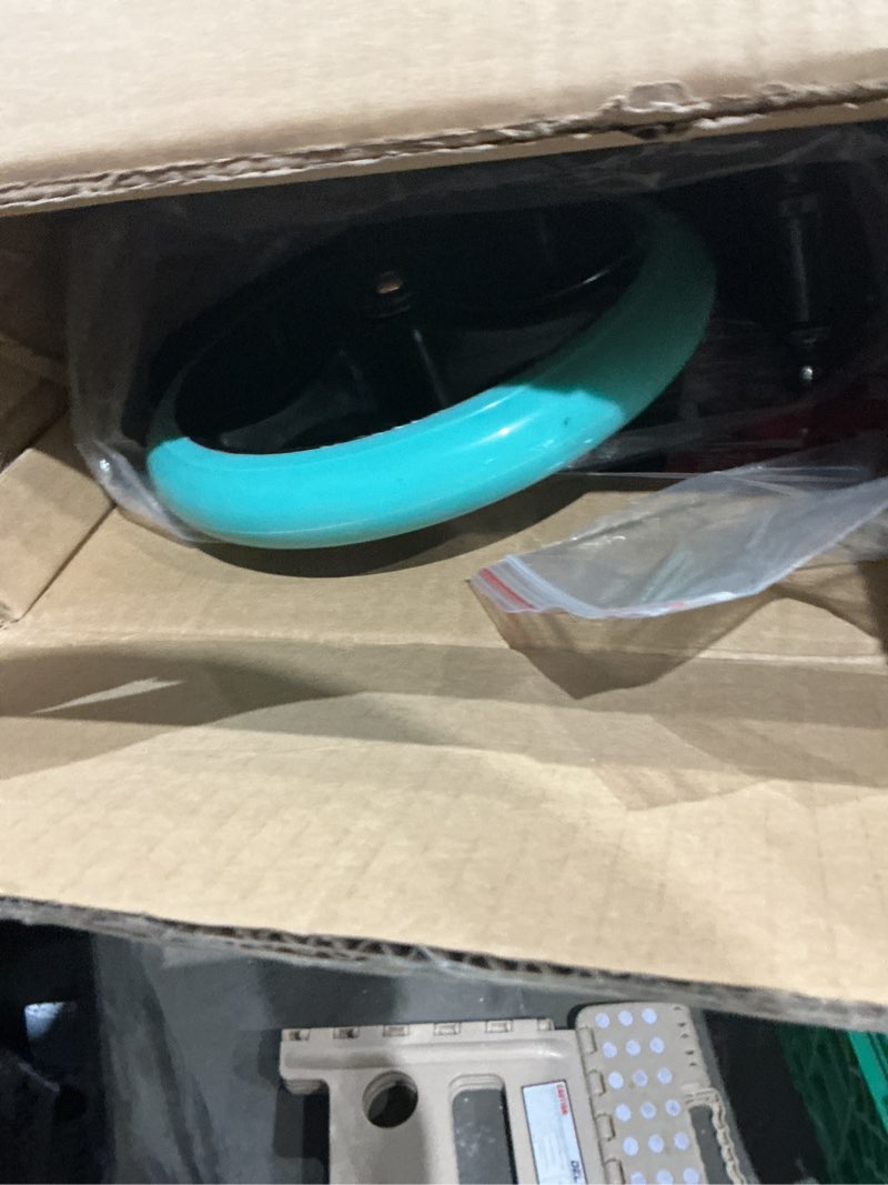 Condition photo showing As Is for lascoota kick scooter for kids ages 6+, teens & adults, large 8" sturdy urethane wheels. adjustable handlebar, lightweight, foldable, 220lbs max load aqua scooter