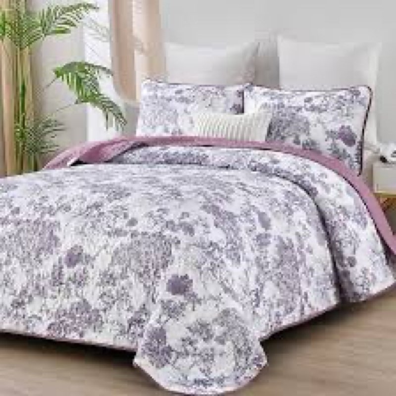 wongs bedding 3 pieces quilt set queen size, blue-purple floral bedspread coverlet set, soft microfi
