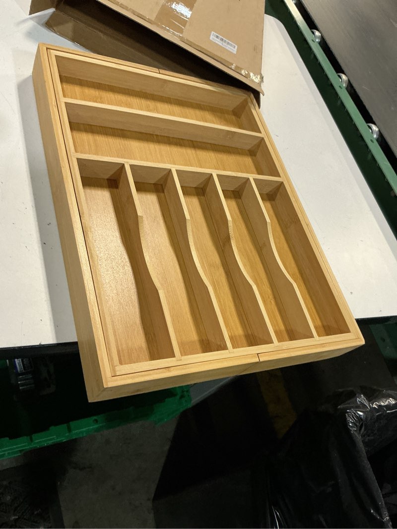 Condition photo showing New/Like New for large premium bamboo silverware organizer - expandable drawer organizer & utensil organizer - 17"x19.7" cutlery tray with dividers for kitchen utensils and flatware (7-9 slots) (natural) 9 slots expandable natural