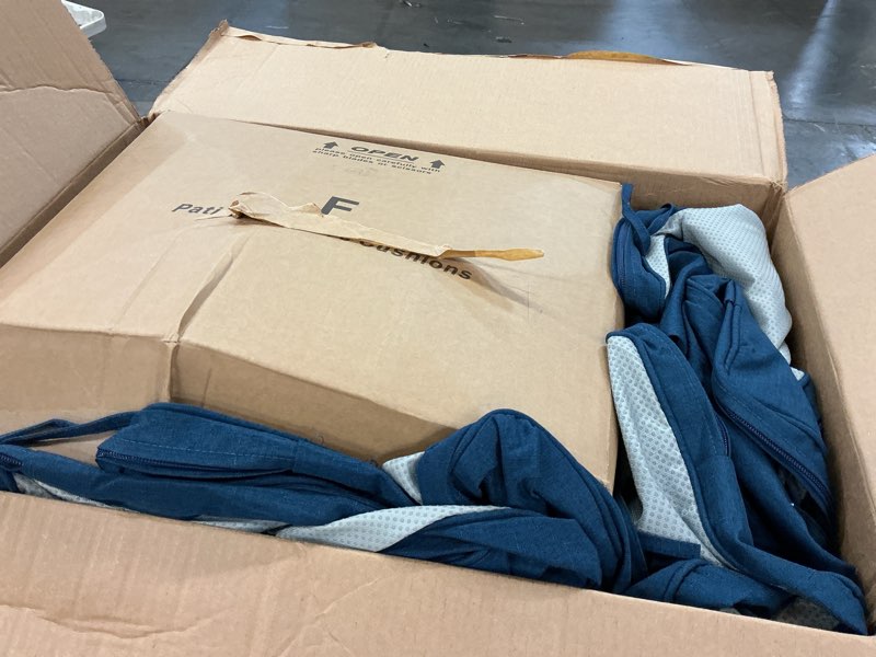 Condition photo showing As Is for outdoor chair cushions, water-resistant & fade-resistant, patio furniture square seat replacement chair pads with ties, removable cover, non-slip bottom, set of 6, 19 x 19 inch, navy blue navy blue 19" x 19" 6 pack