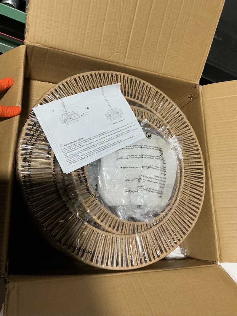 Condition photo showing Good Condition for 17.7"large boho rattan farmhouse chandeliers for dining room,4-light rattan hand-woven rustic drum chandelier pendant light fixture for kitchen island bedroom living room entryway foyer(brown) brown 17.7"