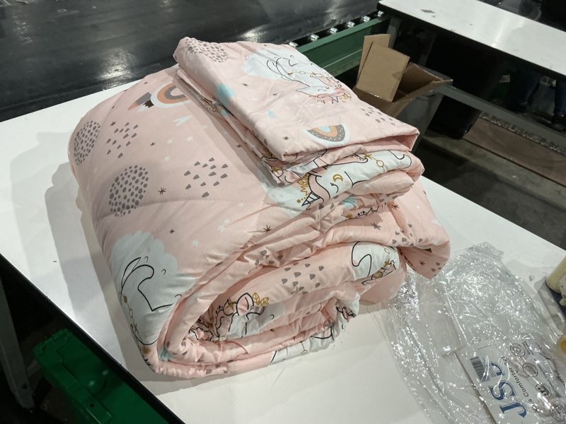Condition photo showing As Is for jsd pink unicorn kids comforter set queen size, 3 piece printed microfiber comforter with pillow sham, machine washable pink unicorn queen